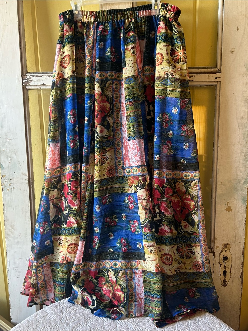 CATO - Boho Floral Patchwork Maxi Skirt - Blue & Multi